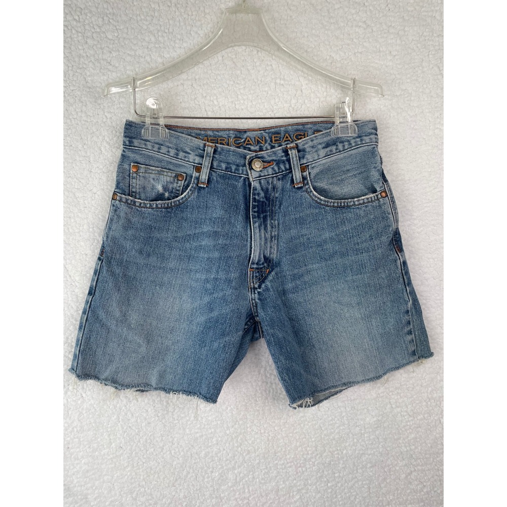 American Eagle Outfitters Mens 28 Blue Denim Shorts Loose Fit Raw Hem Cut Off